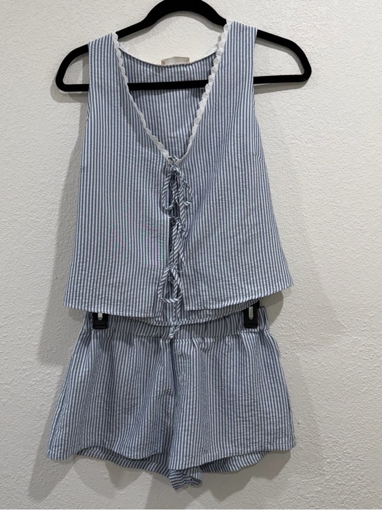 Other - Blue and White Seersucker Tie-Front Tank & Shorts Set